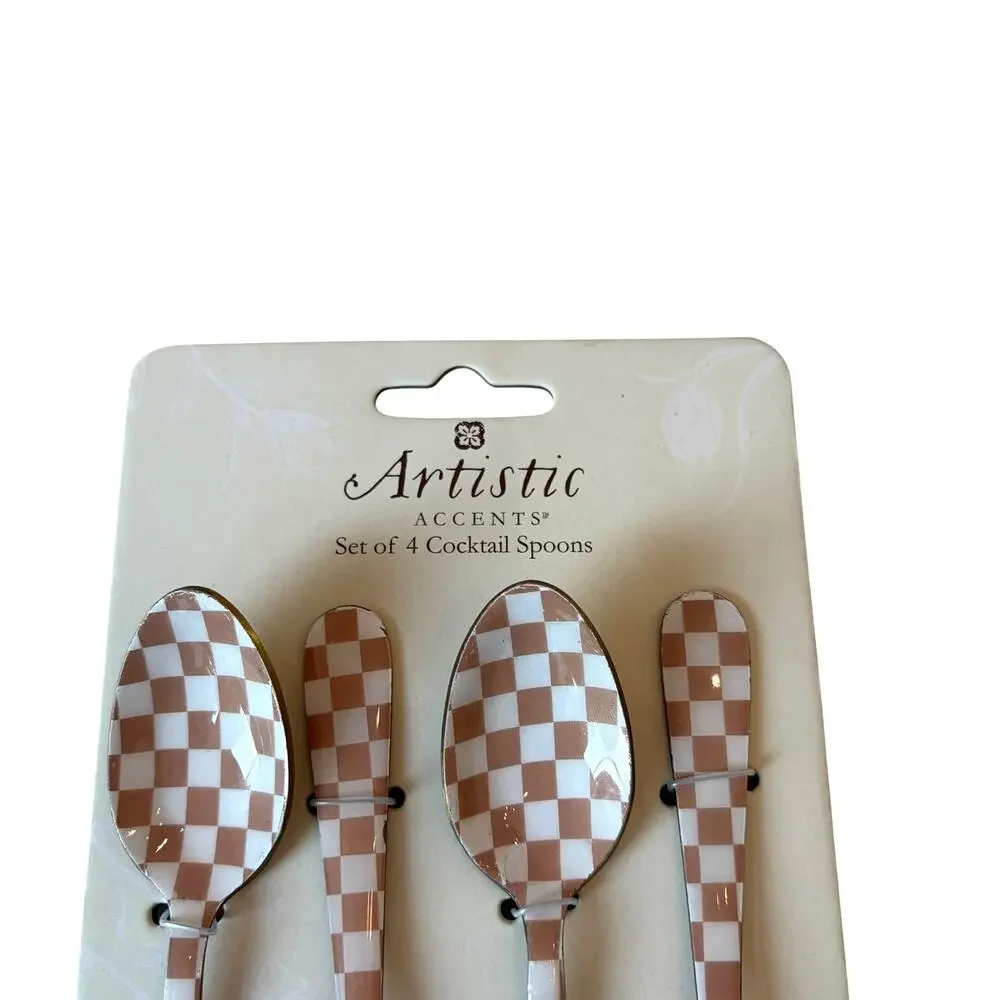 Artistic Accents Checkered Cocktail Spoons Set of 4 Enameled Taupe & White New